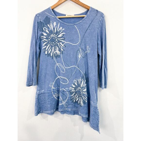 Jess & Jane Blue Tunic Top Small Mineral Washed Floral Asymmetric Tunic Top - Picture 2 of 6